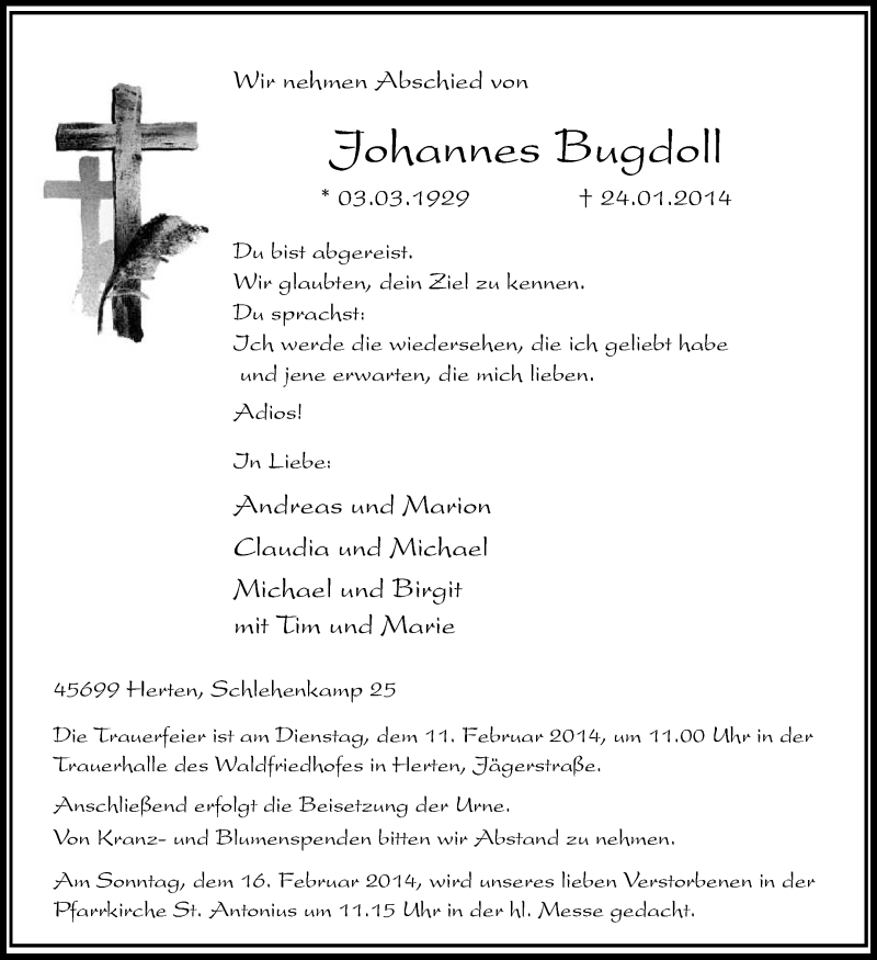  Traueranzeige für Johannes Bugdoll vom 06.02.2014 aus Medienhaus Bauer